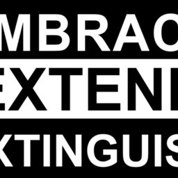 The words "EMBRACE EXTEND EXTINGUISH" in black and white on a banner