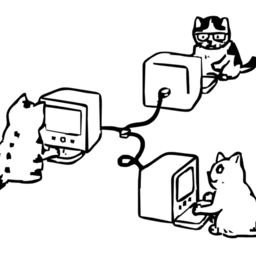 A drawing of 3 cats using computers connected by a cable