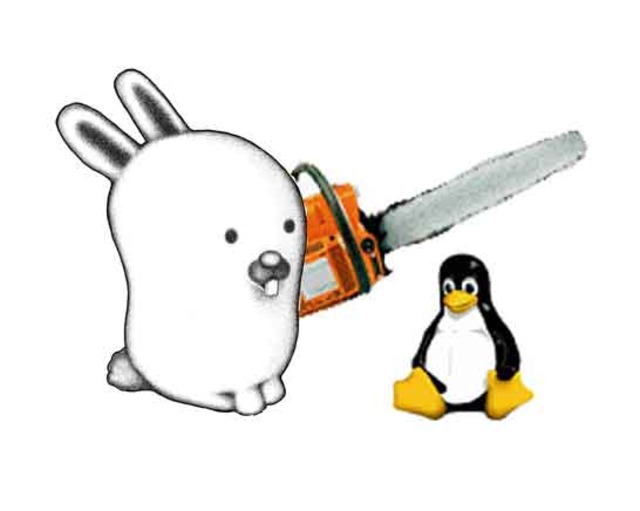 Plan 9 Glenda with a chainsaw facing Linux Tux