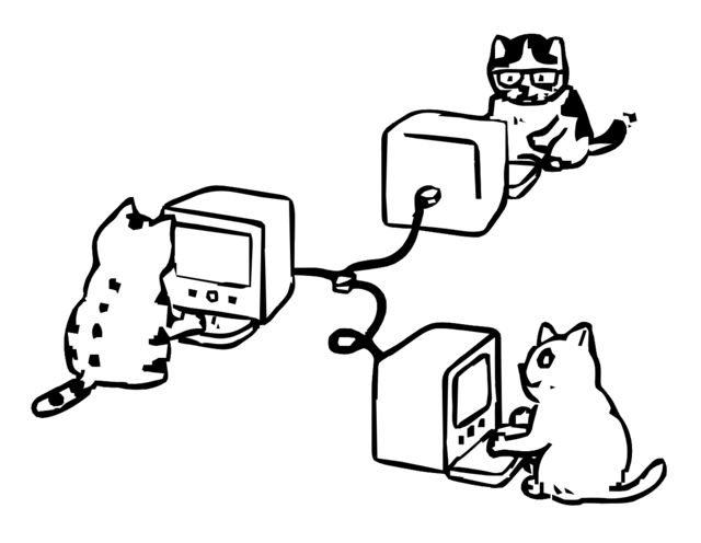 A drawing of 3 cats using computers connected by a cable